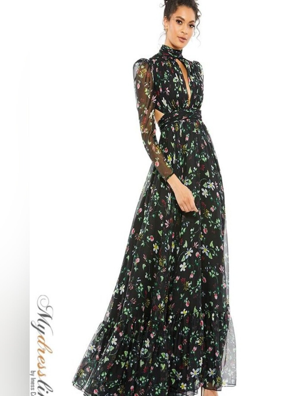 Mac Duggal Floral Mesh Long Sleeve Maxi Dress - Black Floral Size  2 NWT
